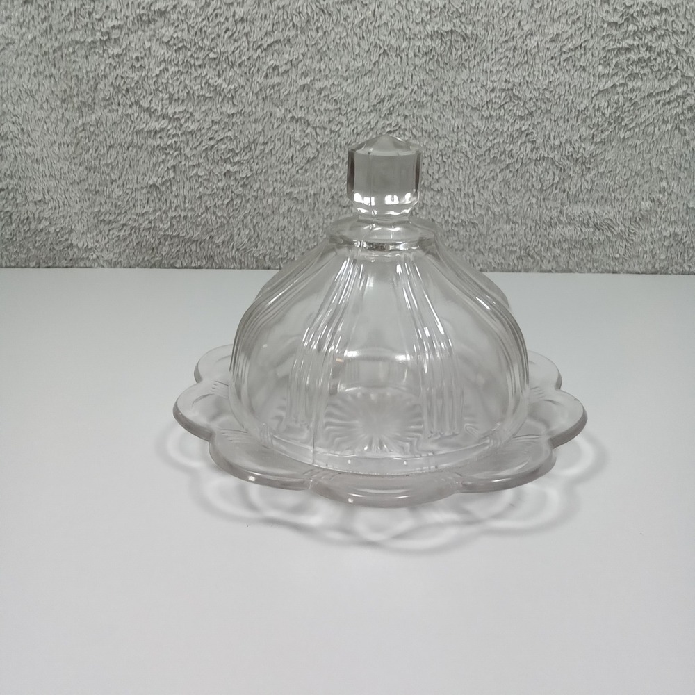 Vintage Clear Pressed Glass Round Butter Dish Scalloped Starburst Dome Lid 7.5"